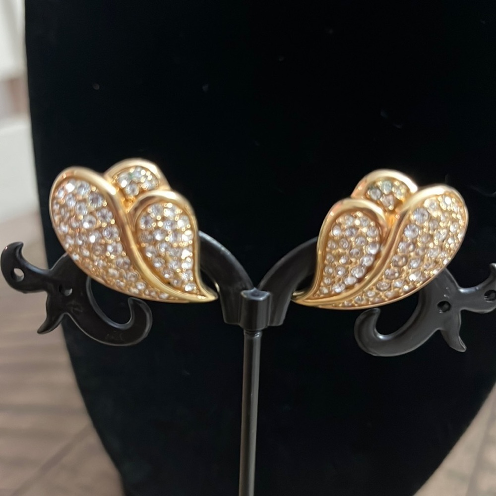 Rare Vintage Swarovski S.A.L. Gold Pave Crystal Leaf Earrings | 1970s-80s